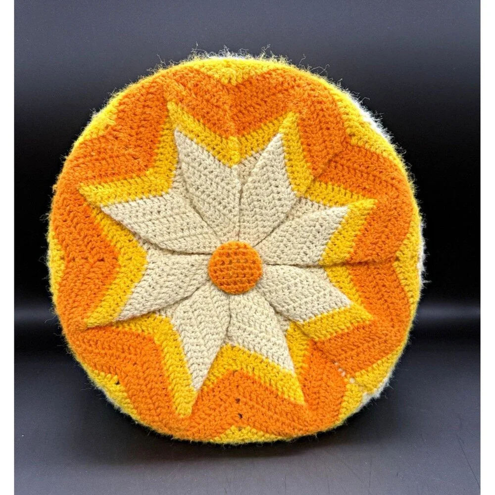 Vintage Crocheted grandmacore round Throw Pillow Star Pattern
